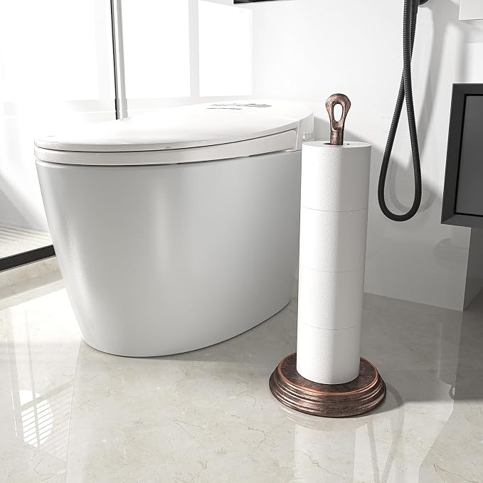 KASUNTO Toilet Paper Holder with Rustproof, Metal Free Standing Toilet Paper Stand Storage for Bathroom, Tissue Paper Roll Holder for Bathroom Accessories (Oil Rubbed Bronze)