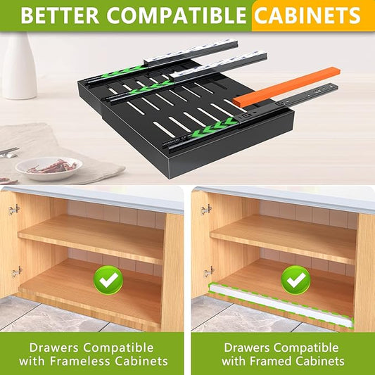Mlinavn 2 Pack Pull Out Cabinet Organizer,21" Deep Slide Out Drawer Organizers,No Drill Pull Out Drawers Adhesive with Nano Compatible Framed Cabinets Shelves for Kitchen Pantry Adjustable Width