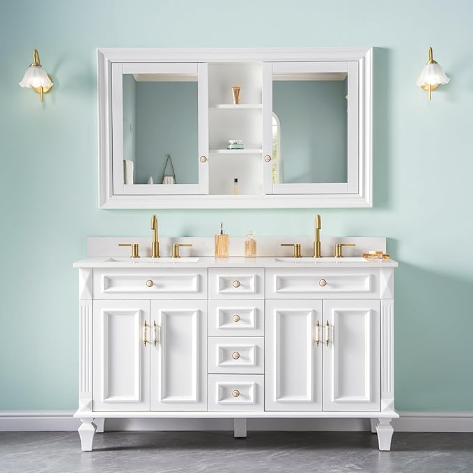 WELLFOR 55"x 32" Bathroom Medicine Cabinet with Dual Mirrors, Recessed Wood Medicine Cabinet with Built-in 6-Tier Adjustable Glass Shelves and 2 Soft-Close Doors, Recessed Mount Only