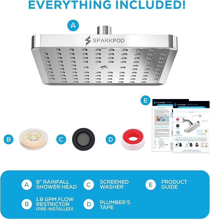 SparkPod Rain Shower Head, 8 Inch Square | High Pressure Shower Heads, 90 Nozzle (Touch-to-Clean), Adjustable Showerhead, No-tool Universal Connection