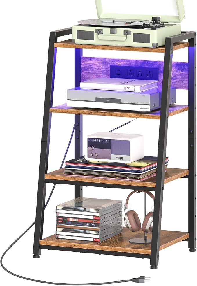 HOOBRO 4-Tier AV Media Stand with Charging Station and LED Light, Wooden Stereo Cabinet, Game Console Stand, Media Audio Rack, Record Player, Entertainment Center, Rustic Brown and Black BF106UDCJ01