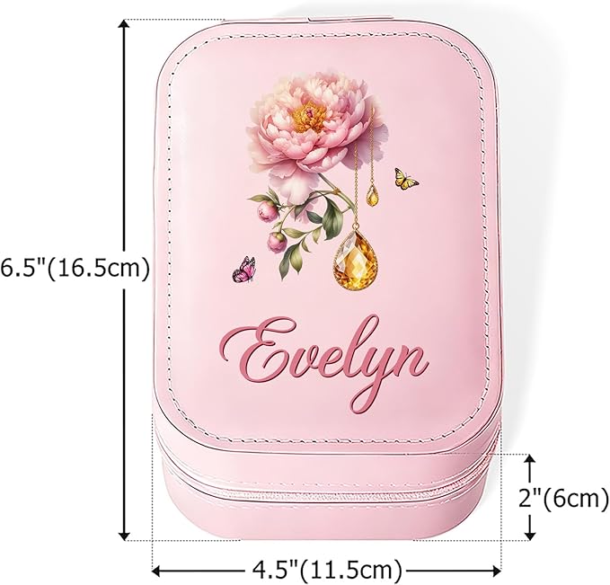CALLIE Personalized Travel Jewelry Box for Women, Retro Gemstone Birth Flower PU Leather Jewelry Organizer Case with Name and LED Mirror, Valentine’s Day Birthday Gifts for Mom Sister Daughter Wife