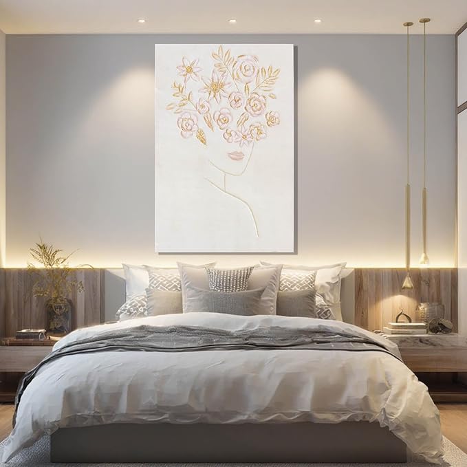 Framed Minimalist Wall Art, Beautiful Woman with Pink Flowers, Abstract Wall Art for Living Room, Aesthetic Posters for Room, Office Wall Decor for Women, 24" x 36"