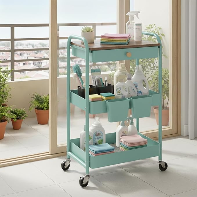 danpinera 3 Tier Rolling Cart, All-in-One Art Cart Organizer on Wheels for Kitchen, Bathroom, Office, Laundry