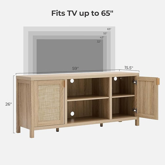 SICOTAS Rattan TV Stand for Living Room - 26" Tall TV Console Cabinet with Storage and Adjustable Shelf, Boho Entertainment Center, 59" Media Console for 50, 55, 65 Inch TV, Light Oak
