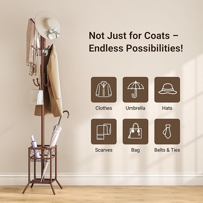 ELYKEN Coat Rack Freestanding, Metal Coat Rack Stand with Umbrella Holder, Modern Coat Tree with 12 Hooks, Floor Standing Corner Hall Tree for Entryway Living Room Bedroom Office, Brown