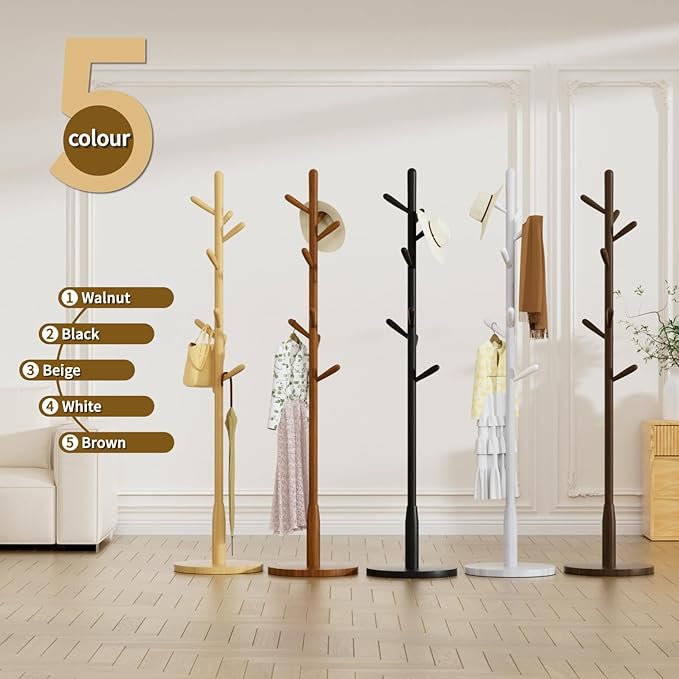 Solid Wood Round Base Coat Rack, Free Standing Hall Coat Tree with 8 Hooks(+2 spare) for Coats, Hats, Bags, Purses, for Entryway, Hallway, Rubberwood Hooks,Base and Pole(Round Base,Dark Walnut)