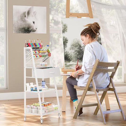 Homsorout 3 Tier Rolling Cart - Metal Utility Cart with Storage Drawer and Wheels, Versatile Art & Craft Organizer for Home, Office, or Studio - Ideal for Storing Brushes, Paints, and Supplies(White)