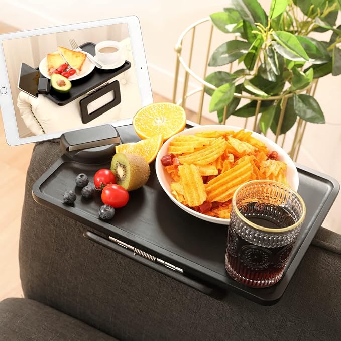 Smatdecis Couch Arm Tray Table Sofa Arm Clip, Armrest Tray Table Suitable for Home Drinks/Fast Food/Fruit Etc, Large Size Multi-Function Black(360° Rotating Stand A)
