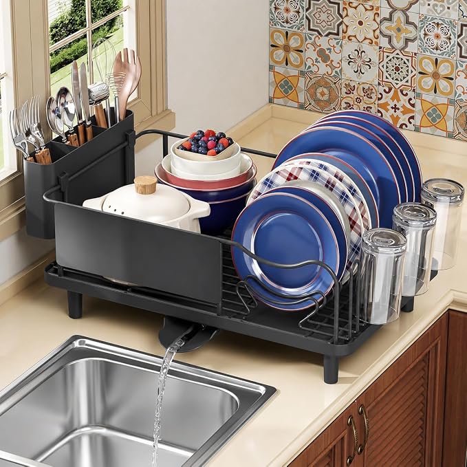 Stainless Steel Dish Drying Rack - Large Capacity Dish Rack for Kitchen Counter with Drain Board, Rustproof Dish Drainer with Drain Spout, Utensil Holder & Glass Holder, Dinnerware Organizer, Black