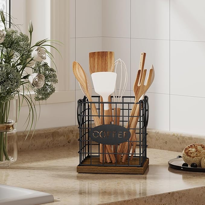 YINMIT K Cup Holder Organizer, Rustic Coffee Pod Holder Organizer, 35 Kcup Holder for Counter with Handle,Large Capacity Black Wire Coffee Capsule Basket for Kitchen Office Desktop (Square Grid)