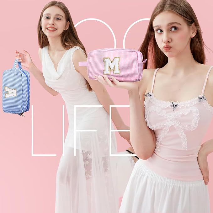 YOOLIFE Birthday Gifts for 6 7 8 9 10 11 12 13 14 15 Year Old Teen Girl - Initial Makeup Bag Letter Toiletry Pouch Cosmetic Case, Personalized Teen Girl Gifts Trendy Stuff Party Favor, Blue E
