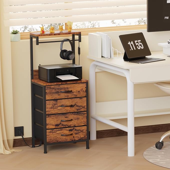 Furnulem Night Stand with Charger Station, 38'' Tall Nightstand with 4 Fabric Drawers and LED Lights, Bedside Table with Storage Shelf for Bedroom, Office, Metal Frame, Wood Shelves, Rustic Brown | with Charging Station