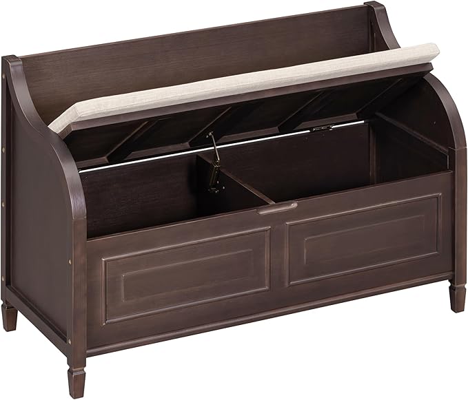 Bellemave Storage Bench with Safety Hinge Wooden Entryway Benches with Shoe Cabinets Under Seat Multifunctional Storage Bench for Entryway, Foyer or a Mudroom (Espresso + Beige)