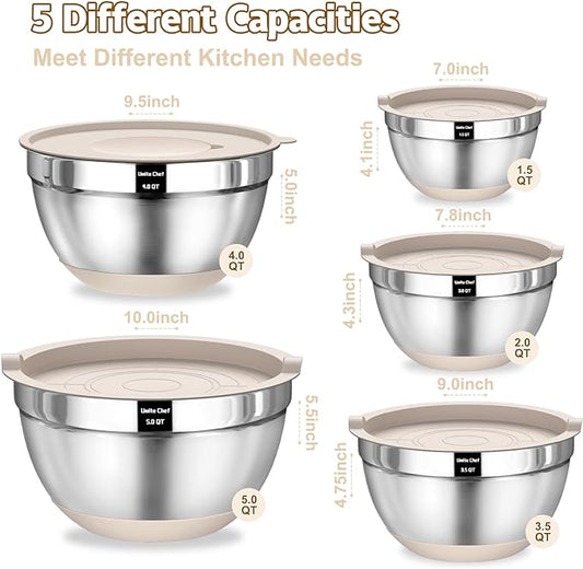 Umite Chef Mixing Bowls with Airtight Lids Set, 8PCS Stainless Steel Nesting Bowls with Grater Attachments, Non-Slip Bottoms, 5, 4, 3.5, 2, 1.5QT for Mixing & Serving
