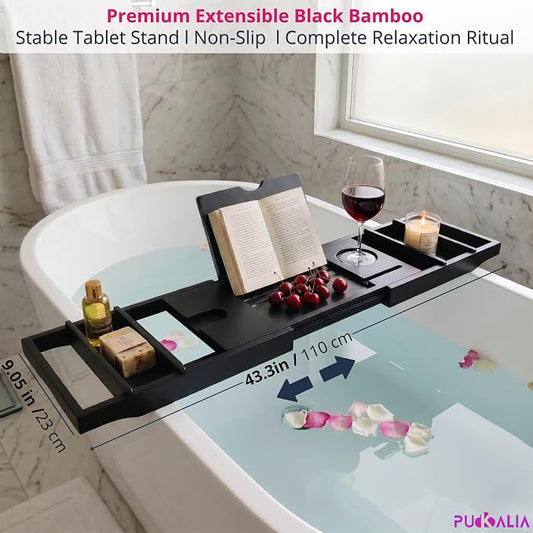 Bath Tray for Tub and Ergonomic Pillow Premium - Caddy Expandable 29 to 42.5 Inch -Foldable Bamboo Wood Tub Organizer - Luxury Bathtub Tray Wood Bamboo