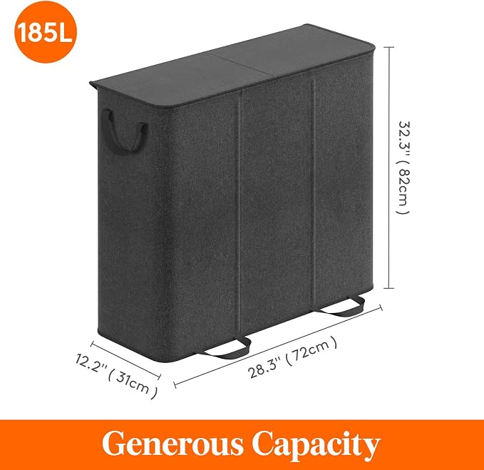 Lifewit Triple Laundry Hamper with Lid and Removable Laundry Bags, Large Collapsible 3 Dividers Dirty Clothes Basket with Handles for Bedroom Laundry Room Closet Bathroom College, 185L Black