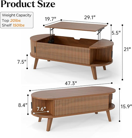 Oval Lift Top Coffee Table with Storage, 47.2" Mid Century Modern Fluted Coffee Table with Sliding Tambour Doors & Hidden Compartment, for Living Room Home Office, Walnut