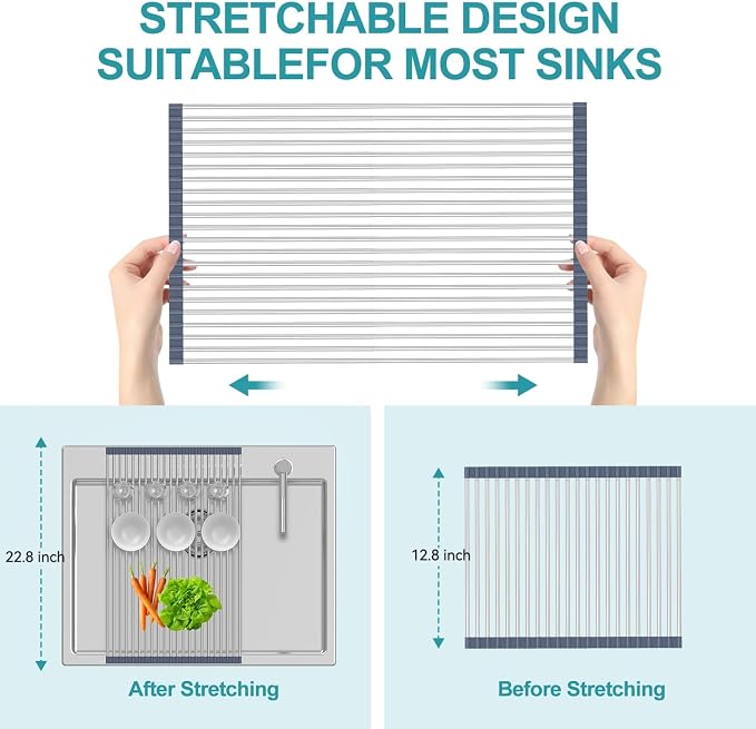 BBXTYLY Extra Large Expandable Roll Up Dish Drying Rack,Over The Sink Drying Rack Sink Cover Kitchen Sink Accessories Kitchen Rolling up Stainless Steel Drainer, Foldable,Rollable(Grey,22.8'-17.3'')