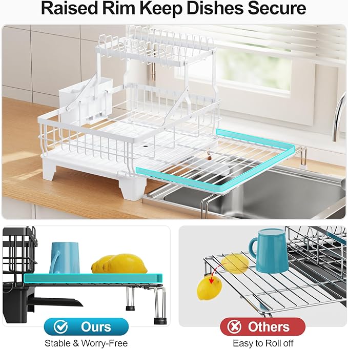 GSlife Large Dish Drying Rack 2 Tier, Expandable Kitchen Dish Drainer for Pots and Pans, 360° Swivel Spout, Rust-Resistant Metal Dish Rack with Utensil & Cup Holder, 16.9" W x 14.4"-22.4" L, White