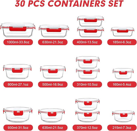 VERONES 30 Pieces Glass Meal Prep Containers Set, Stackable Glass Food Storage Containers with Lids-Airtight Lunch Containers,for Microwave, Oven, Freezer & Dishwasher,Red