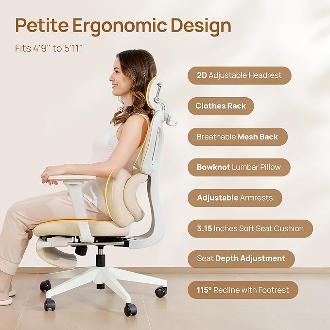 CabLady S1 Petite Ergonomic Office Chair Design with Detachable Pillow Lumbar Cushion, Coat Hanger, 2D Headrest & PU Armrests, Cloud Seat & Footrest Cute Desk Chair for Women Girls