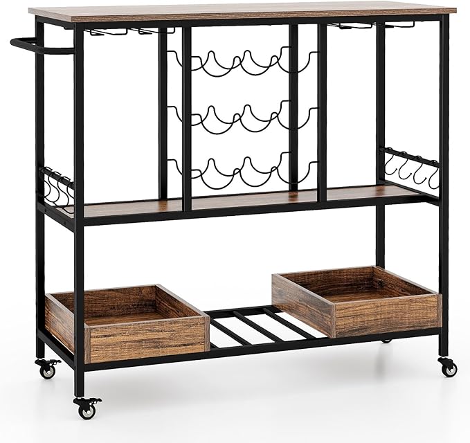 Giantex Bar Cart, 3 Tier Home Serving Cart on Wheels with Handle, Glass Racks, Wine Holders, Hooks & Storage Boxes, Industrial Rolling Beverage Cart for Kitchen, Dining Room, Living Room, Rustic Brown