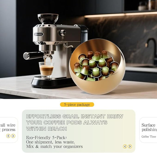 Large Capacity Coffee Pod Holder – Stainless Steel Pod Organizer and Holder | Stylish Coffee Bar Accessories & Countertop Storage (Gold, 5 Pack)