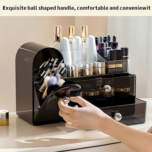 Makeup Organizer for Vanity with Covered Brush Holder,Bathroom Organizers with Drawer,Skin Care Organizer,Makeup Organizers for Vanity with Drawer,Large Makeup Storage for Dresser, Black