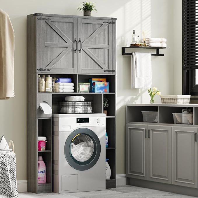 Vabches Over The Toilet Storage Cabinet, Farmhouse Storage Cabinet Over Toilet with 2 Barn Doors ,Toilet Paper Holder Stand,Home Space-Saving Toilet Rack, for Laundry, Restroom, Bathroom.Grey.
