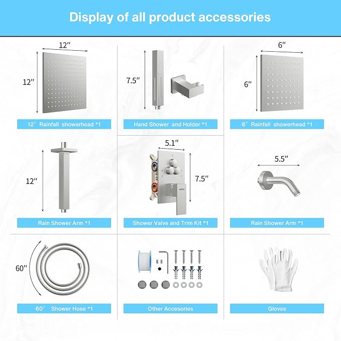 VANFOXLE Shower Faucet Set Brushed Nickel Shower System, Push Button Diverter Shower Faucet with Trim Kit, Ceiling Mount 12 Inch Shower Head Increased Thick, 6 Inch Side Shower Head, 2-in-1 Handheld