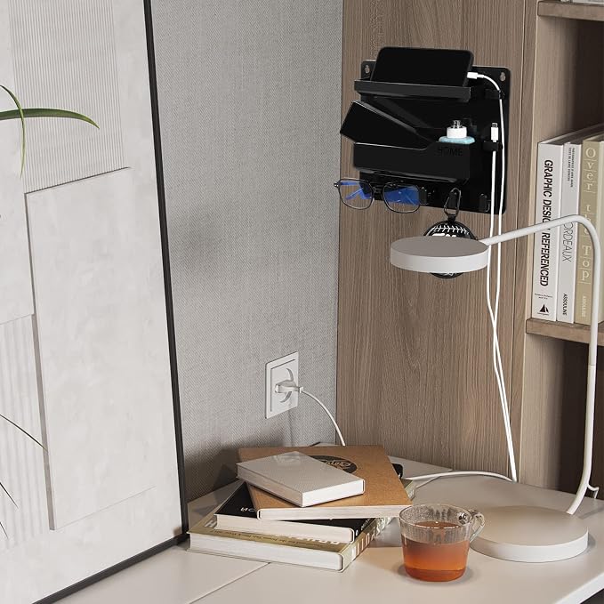 Wall Mount Shelf Organizer, Adhesive Bedside Shelf Accessories with Hooks and Cable Clips, Dorm Room Wall Storage for Phone, Remote, Earphone, Kindle, Plastic(Black)