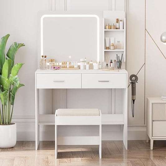 Makeup Vanity with Lighted Mirror & Electrical Outlet - 2 Shelves, 2 Drawers, Bottom Storage - Comes with Upholstered Stool (White)