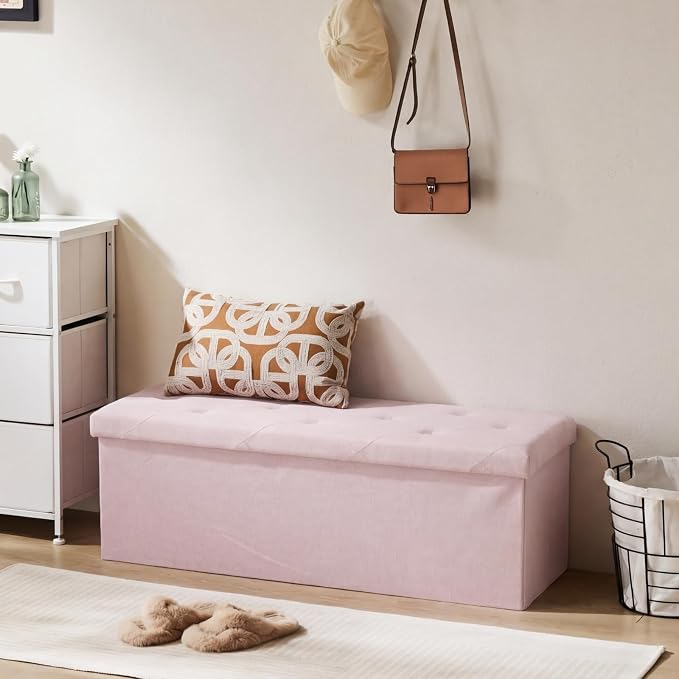 Sweetcrispy 43 Inch Folding Storage Ottoman Bench, Large Hidden Storage Chest with Padded Seat, Foot Rest Stool Supports Up to 660Lbs, End of Bed Bench for Bedroom, Living Room, Linen Fabric, Pink