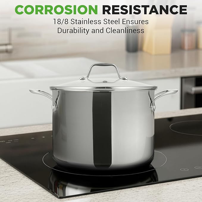 NutriChef 8-Quart Stainless Steel Stock Pot - 18/8 Food Grade Stainless Steel Heavy Duty Induction - Stock Pot, Stew Pot, Simmering Pot with See-Through Lid, Dishwasher Safe - NCSP8