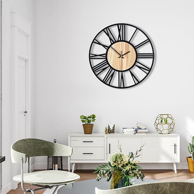 Blorple 20inch/50cm Large Wall Clocks for Living Room Decor,Bedroom,Battery Operated,Metal,Decorative,Analog,Silent,Non Ticking Big Wall Clock(Wooden Roman Numerals, 20 inches)
