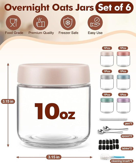 6 pack 10 oz Overnight Oats Containers with Lids and Spoons Glass Jars with Airtight Lids: Wide Mouth Mason Salad Jars, Leakproof and Reusable Glass Food Storage Container for Yogurt Snacks Spice