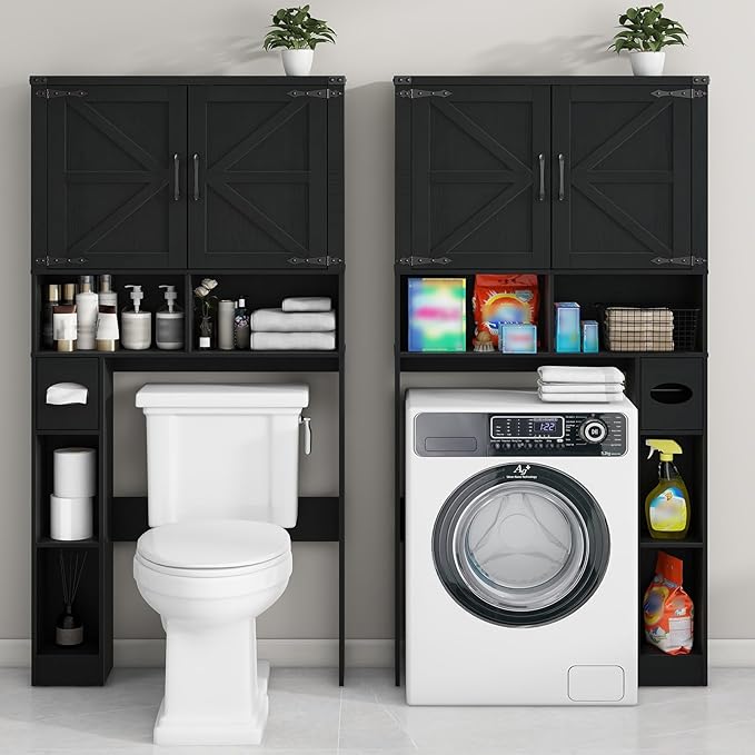 Vabches Over The Toilet Storage Cabinet, Farmhouse Storage Cabinet Over Toilet with 2 Barn Doors && Toilet Paper Holder Stand,Home Space-Saving Toilet Rack, for Laundry, Restroom, Bathroom.Pure Black