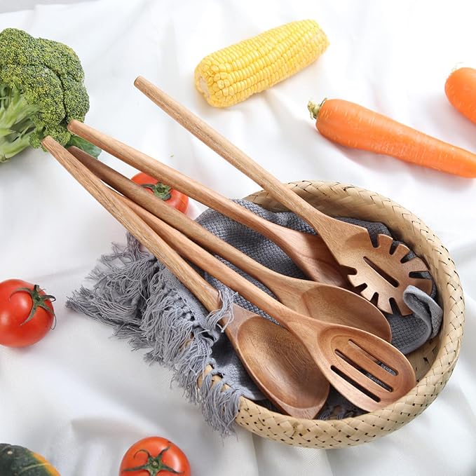 MornHalo 2PCS Acacia Wooden Spoons For Cooking-14 Inch Smooth Finish Cooking Spoons-Comfortable Grip Wood Spoons for Cooking - Non-Stick Cooking Utensils (Spoon + Corner spoon)