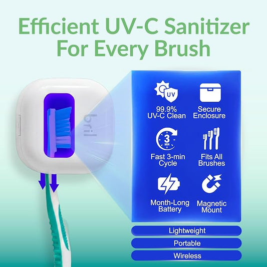 Bril UV-C Toothbrush Sanitizer and Holder – Wall Mounted, Rechargeable, 30-Day Battery, Magnetic Mount, Fits Electric and Manual Brushes, Portable Travel Case, Auto-Shutoff – White