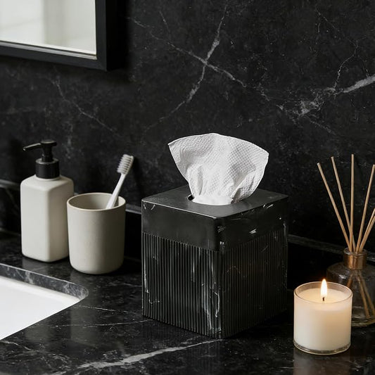 Tissue Box Cover Square Resin Tissue Holder for Home Decor, Hand Poured Marble Tissue Box Holder, 5 x 5 x 5.5 inches, Black
