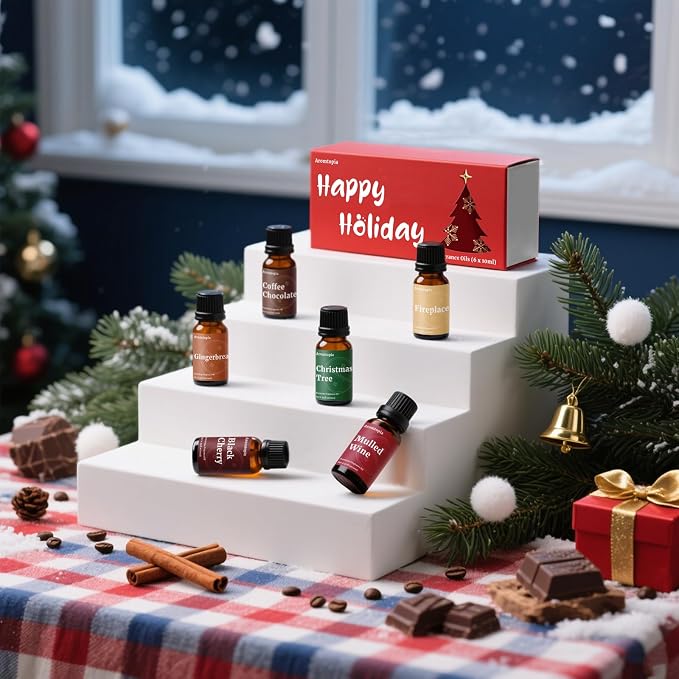 Fragrance Oil Holiday Set, Aromtopia Essential Oils for Candle Soap Making, 6x10ml, Diffuser Oils Scents, Winter Fragrance Oils, Christmas Tree, Coffee Chocolate, Black Cherry, More