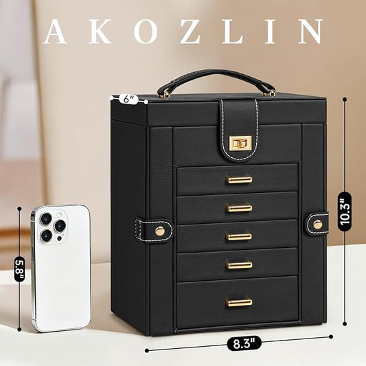 AKOZLIN 6-Tier Jewelry Box Organizer Functional 5 Drawers Leather Jewelry Storage Case for Women Girls Ring Necklace Earring Bracelet Holder Organizer with Mirror Black Regular