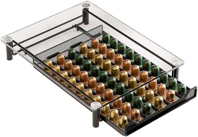 SEVENLINE Crystal Tempered Glass Coffee Pod Storage Drawer Compatible with Nespresso OriginalLine Capsules Holder 60 Original Line Pods Holds Kitchen Organizer