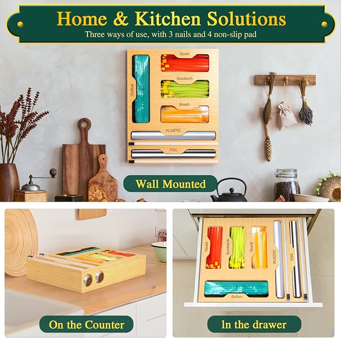 KOCWELL Bag Organizer and Plastic Wrap Dispenser with Cutter, 6 In 1 Bamboo Foil and Plastic Wrap Organizer for Kitchen Drawer, Food Storage Bag Organizer for Gallon,Quart,Sandwich,Snack(Yellow)
