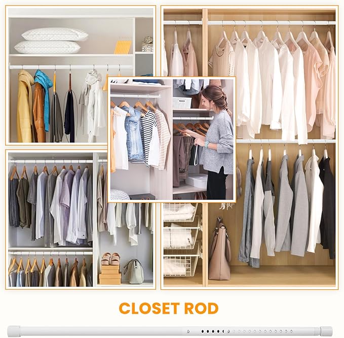 Oval Closet Rod for Hanging Clothes Adjustable Closet Rods 18 to 63 Inch Heavy Duty White Poles Bar Closet Rod Expandable for Wardrobes Laundry RV