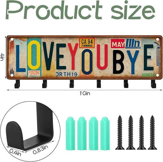 Valentines Key Holder Wall Mount Love You Bye Key Holder Hook Rack Organizer Hanger with 6 Hooks for Wall Express Love Art Sign Decor for Entryway Front Door(Vintage Style,11.8 x 4)