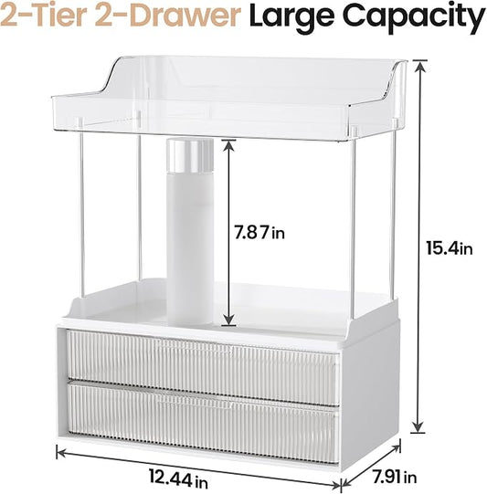 Delamu Bathroom Organizers and Storage, 2 Tier 2 Drawer Makeup Organizer Countertop, Easy to Install, Ideal for Bathroom Counter, Vanity, Ideal for Women Girls, Clear 2Pack