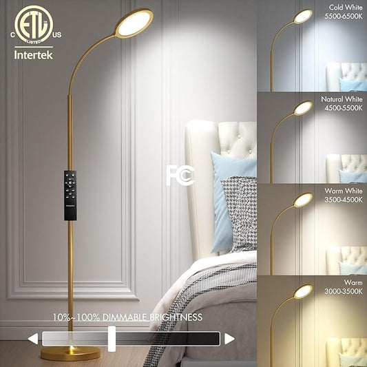 Gold Floor Lamp,Super Bright Dimmable LED Floor Lamps for Living Room, Custom Color Temperature Standing Lamp with Remote Push Button, Adjustable Gooseneck Reading Floor Lamp for Bedroom Office