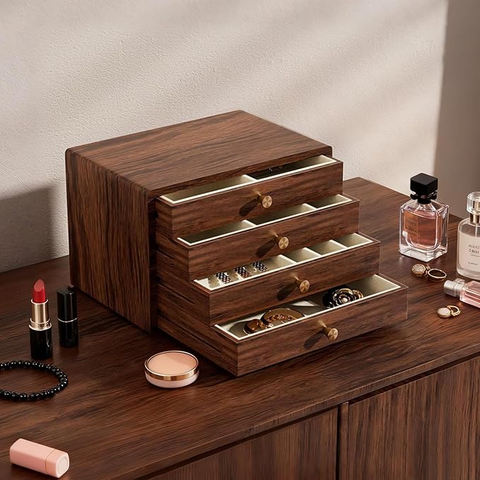 GENUINED Large Black Walnut Wooden Jewelry Box, High End Jewelry Organizer, Vintage Style for Watch Necklace Ring Earring Storage, Anniversary Birthday Gifts for Women(4 Layer)